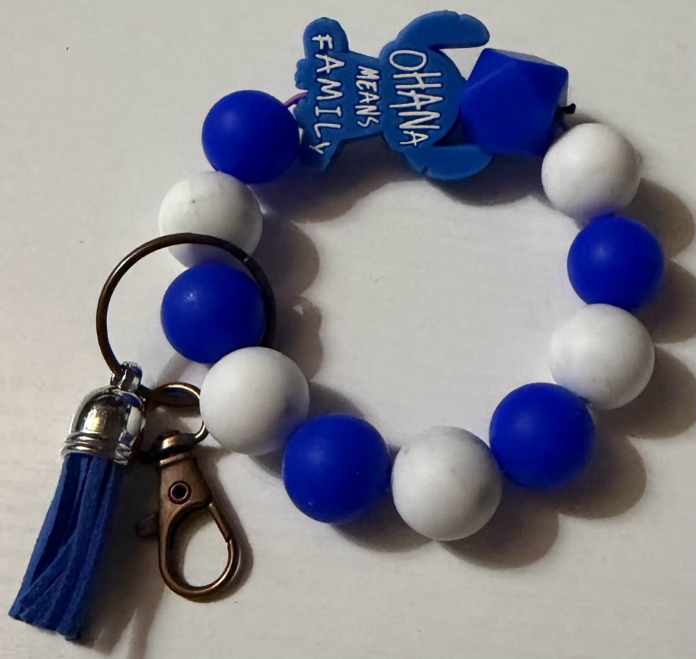 blue and white with Ohana means family wristlet