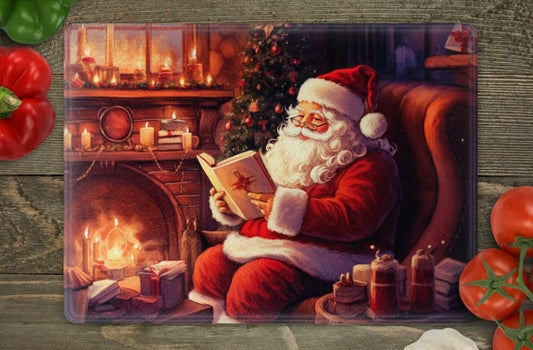 Santa by the fire glass cutting board