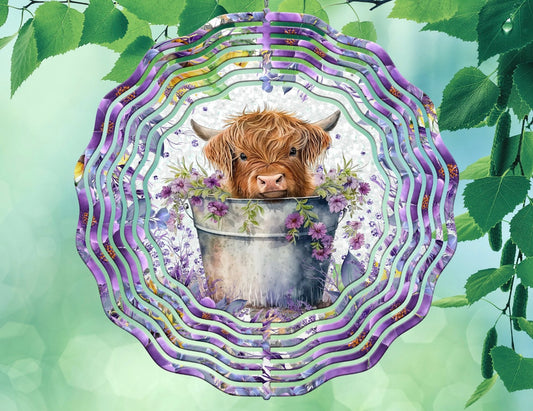 Highland cow with bucket and purple flowers wind spinner