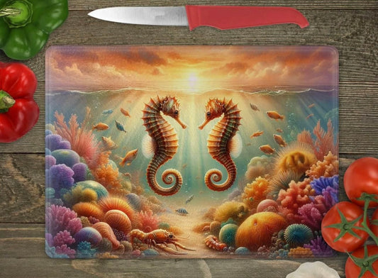 Seahorse sunset underwater glass cutting board