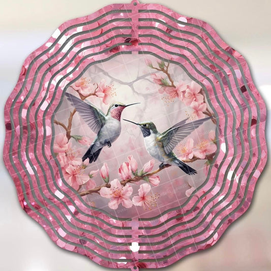 Hummingbird with pink flower wind spinner