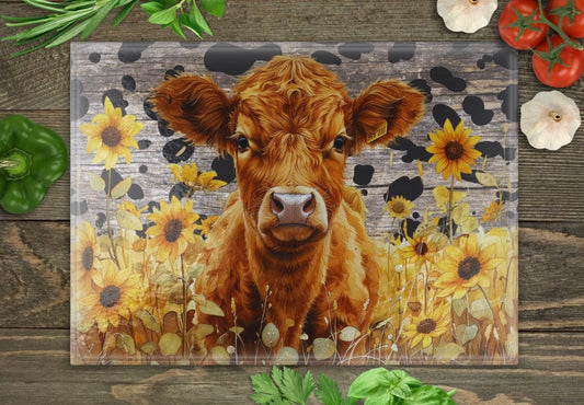 Highland cow with sunflowers glass cutting board