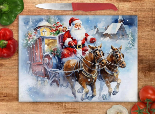 Santa with horses and presents glass cutting board