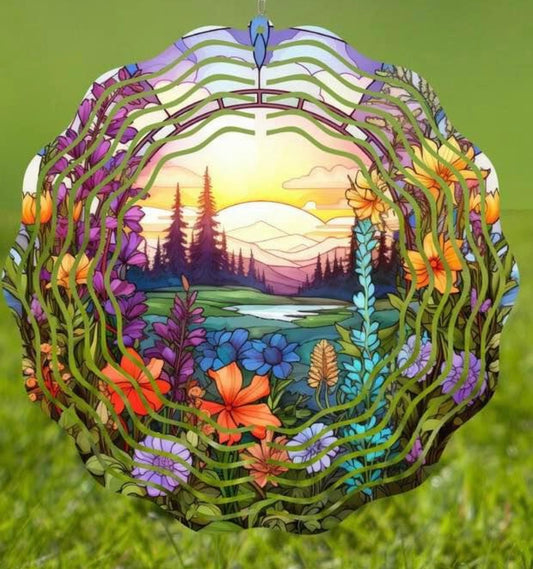 Mountain sunset with flowers wind spinner