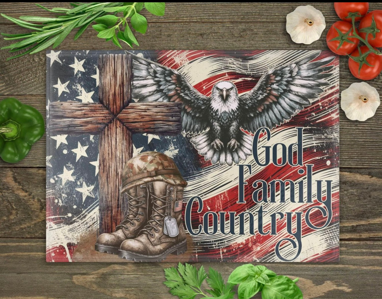 God family country with cross glass cutting board