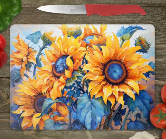 Sunflower with blue leaves glass cutting board