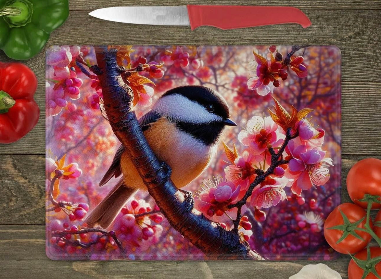 Bird with flowers glass cutting board