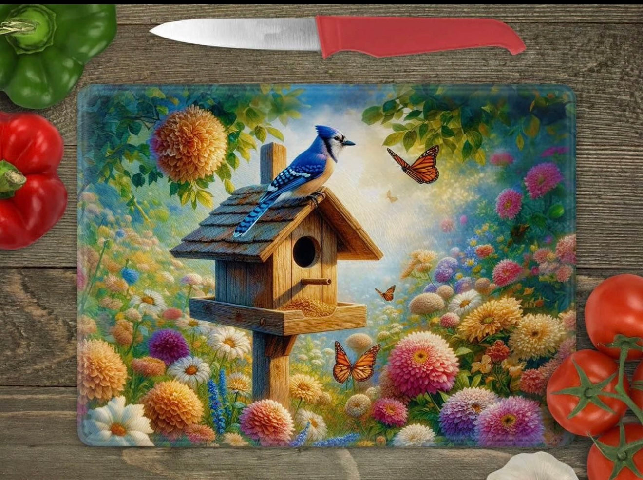 Bird with birdhouse glass cutting board