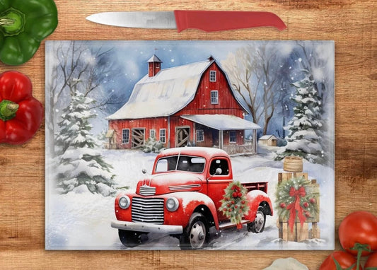 Red barn with truck glass cutting board