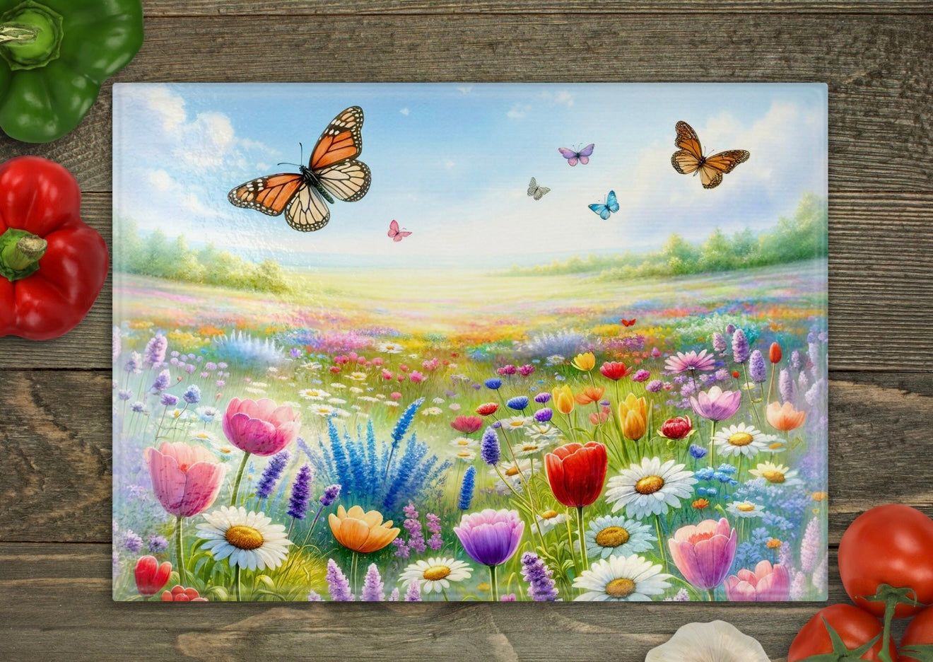 Filled with butterflies flowers glass cutting board