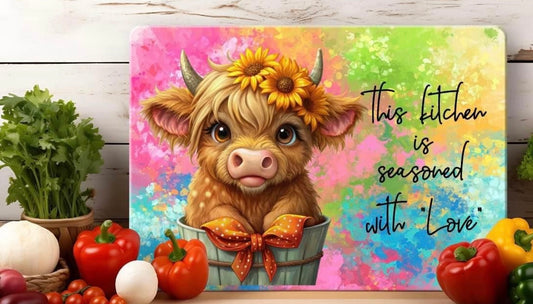 This kitchen is seasoned with love Highland cow glass cutting board