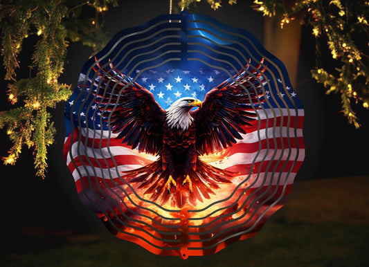 Eagle with American flag background wind spinner