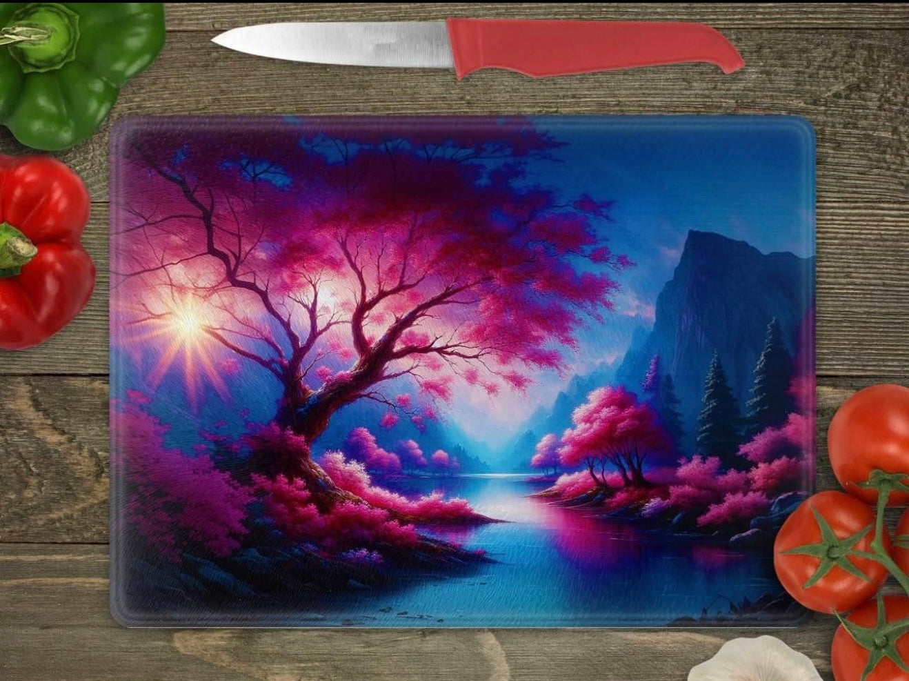 Beautiful tree with mountains glass cutting board