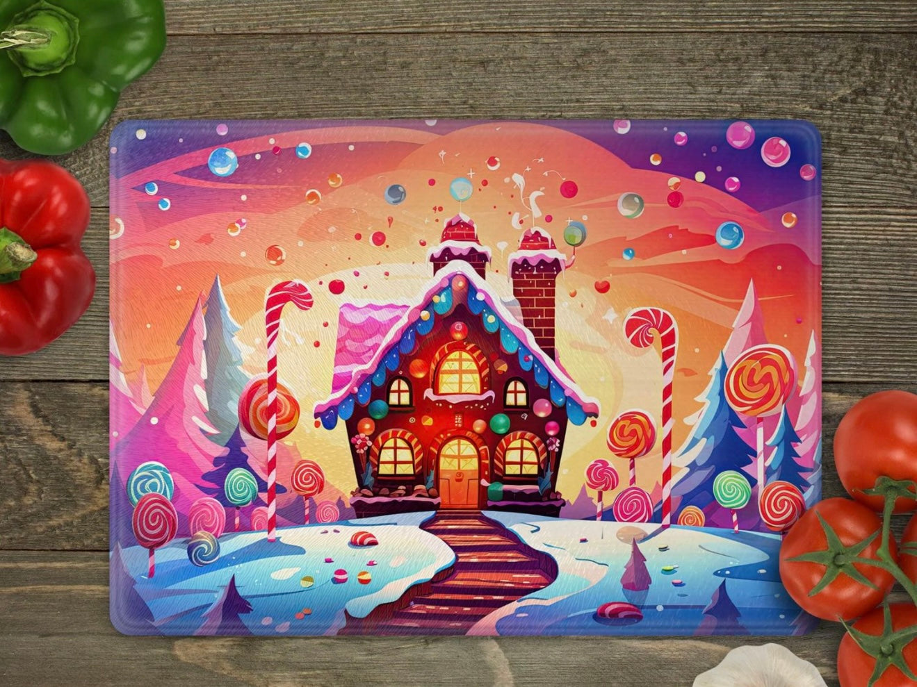 Candyland with trees glass cutting board