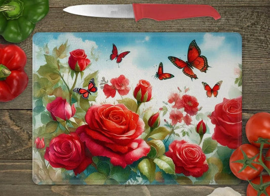 Roses with red butterflies glass cutting board