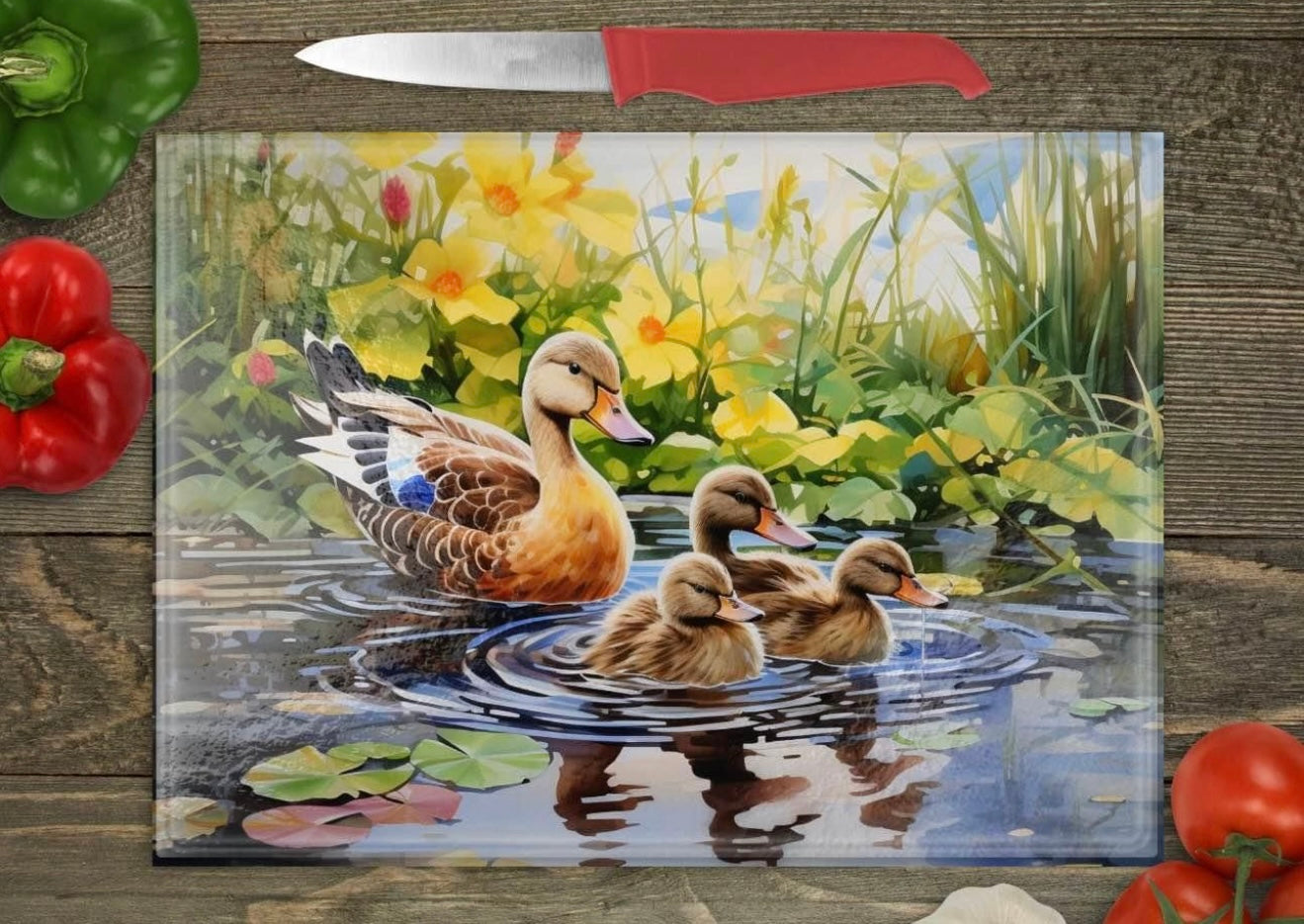 Ducks with flowers glass cutting board