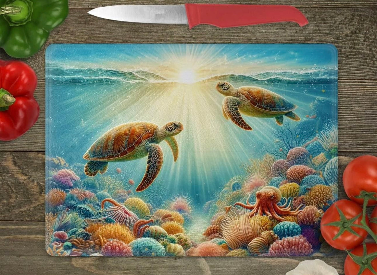 Turtle under water sunrise glass cutting board