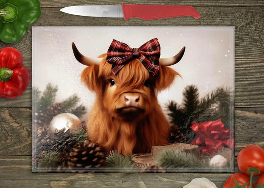 Christmas highland cow glass cutting board