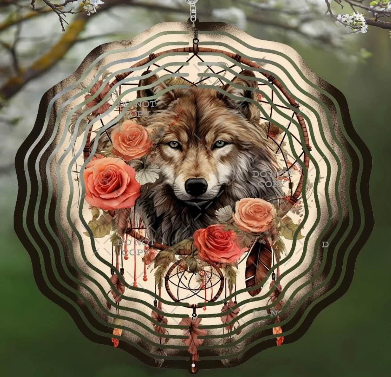 Wolf with roses wind spinner