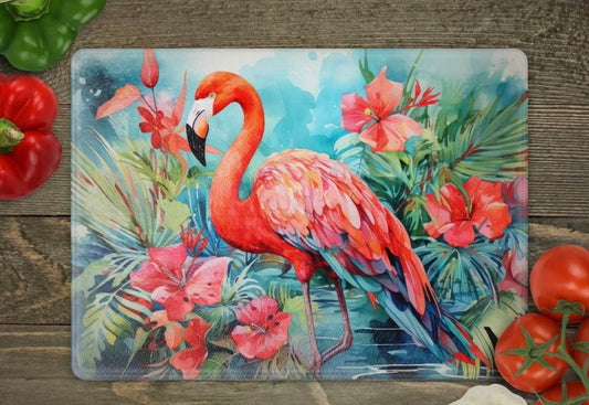 Flamingo with flowers glass cutting board