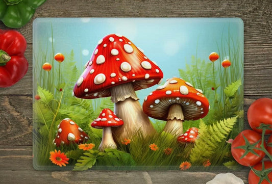 Mushroom with ferns glass cutting board