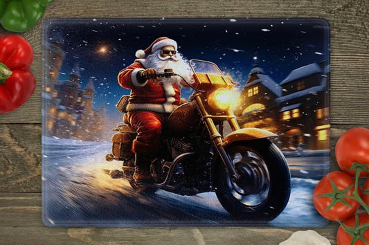 Santa with motorcycle glass cutting board