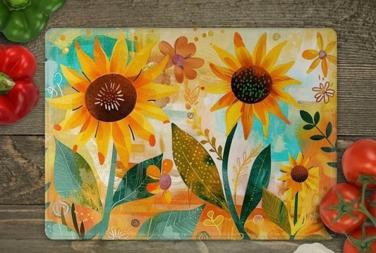 Sunflower with green glass cutting board