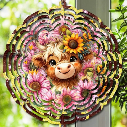 Highland cow with sunflowers wind spinner