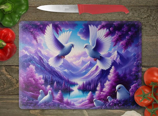 Purple mountains with doves glass cutting board