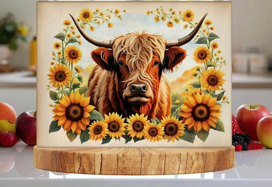 Highland cow sunflower glass, cutting board