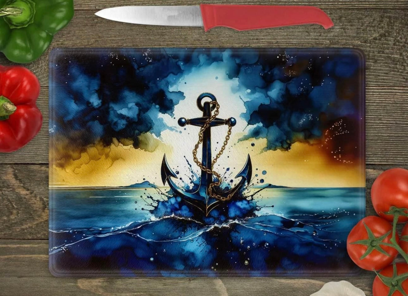 Colorful anchor in ocean glass cutting board