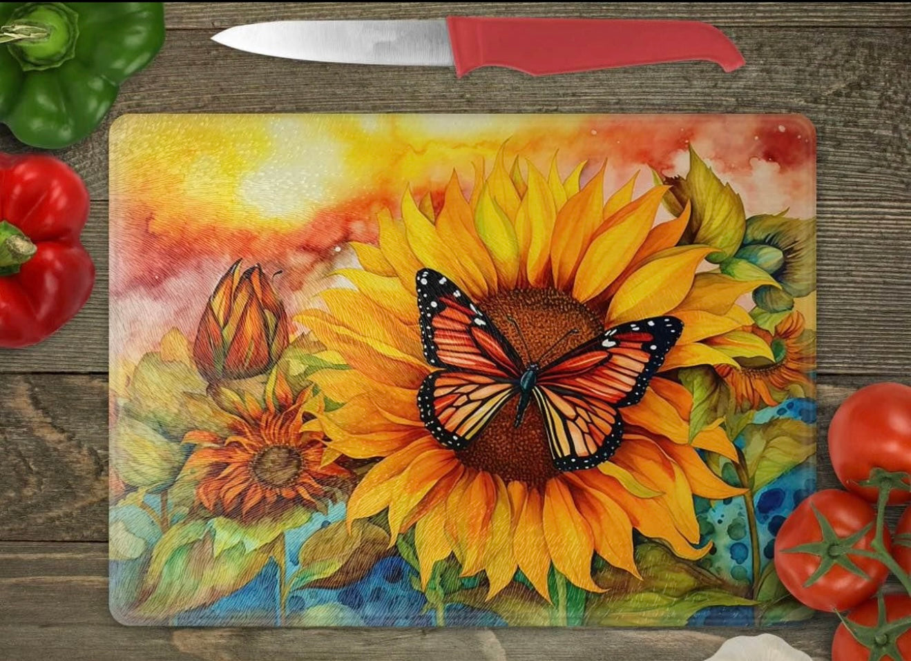 Yellow sunflower with butterfly glass cutting board