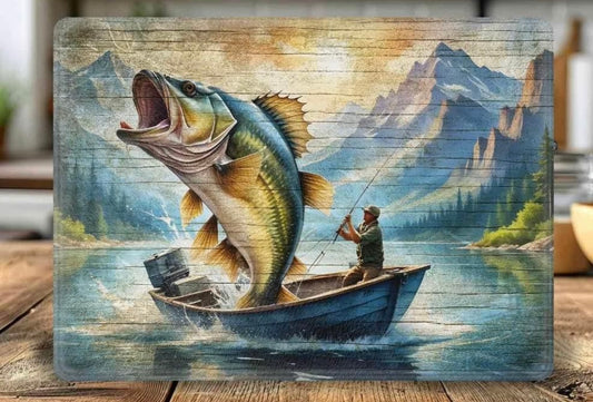 Bass with fisherman boat glass cutting board