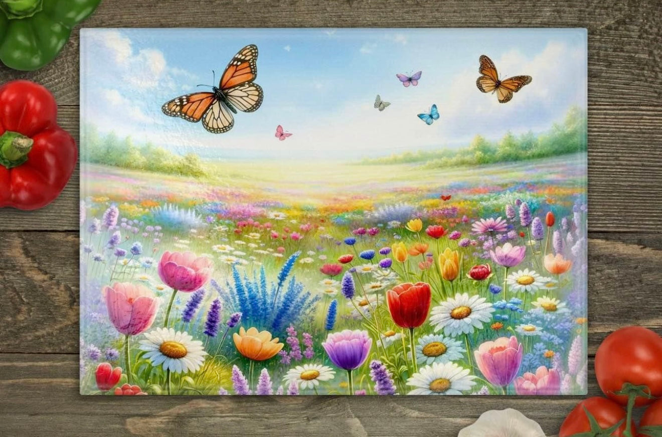 Flowers with butterflies glass cutting board