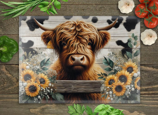 Baby highland cow glass cutting board