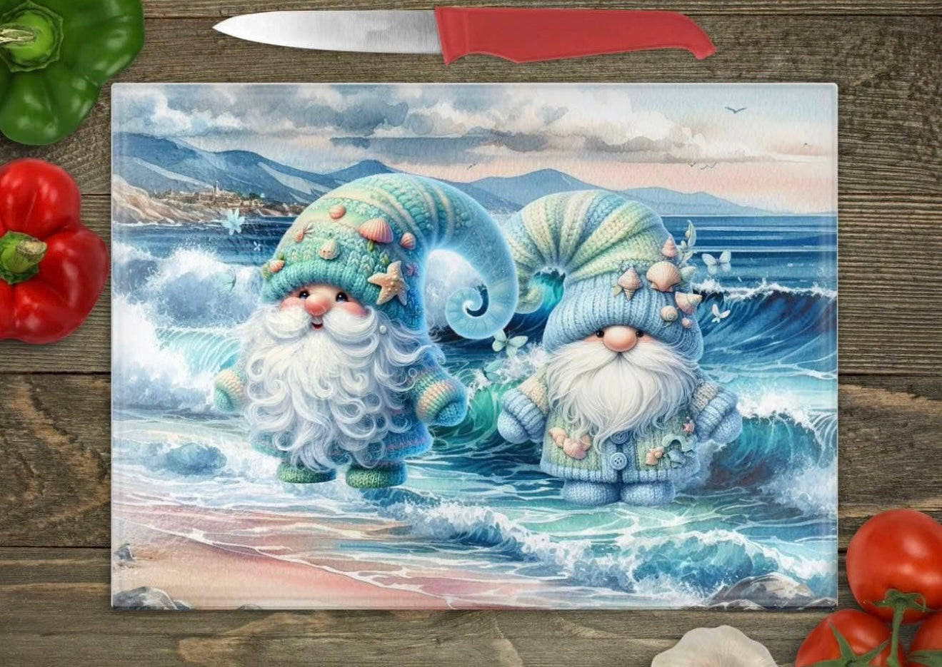 Winter gnomes in Ocean glass cutting board