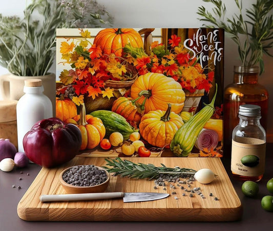 Home sweet home fall glass cutting board