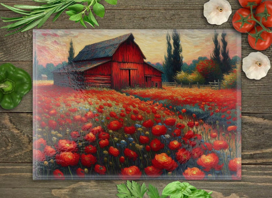 Red barn with flowers glass cutting board