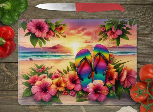 Sandals with sunset glass cutting board