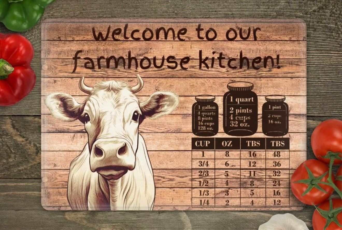 Welcome to our farmhouse, kitchen glass cutting board