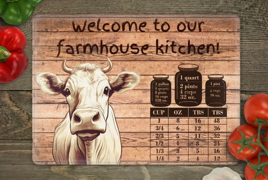 Welcome to our farmhouse, kitchen glass cutting board