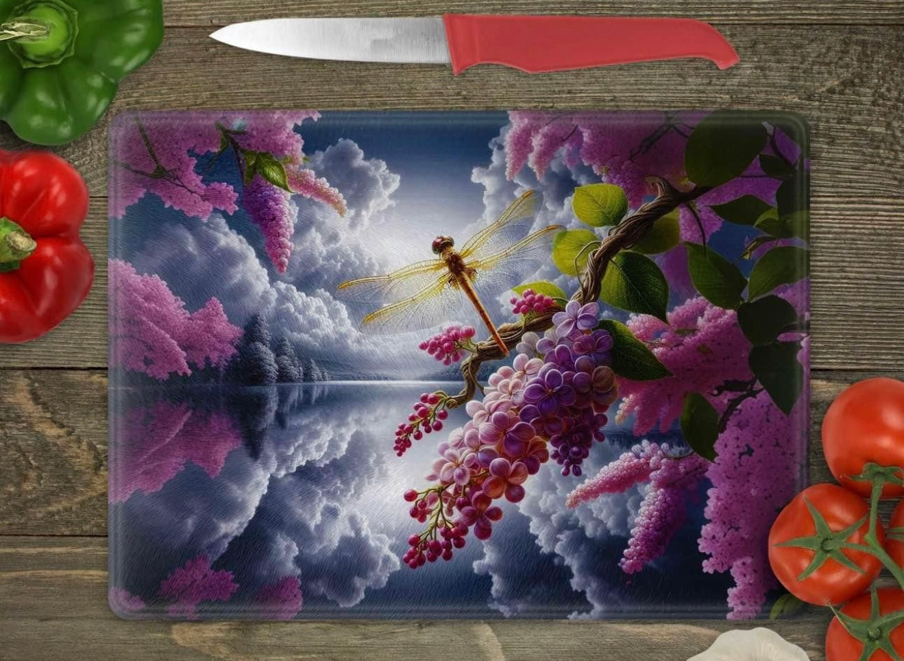 Dragonfly with lilies glass cutting board