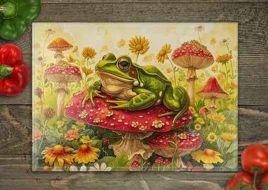 Frog on Lilly pad and mushrooms glass cutting board