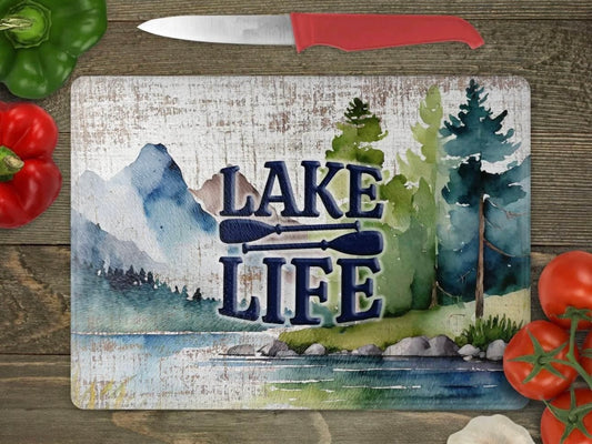 Lake life glass cutting board