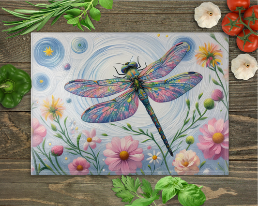 Colorful dragonfly glass cutting board