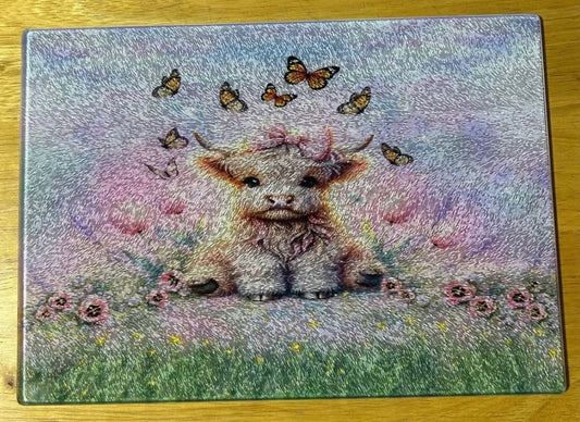 Highland cow cutting board with butterfly’s